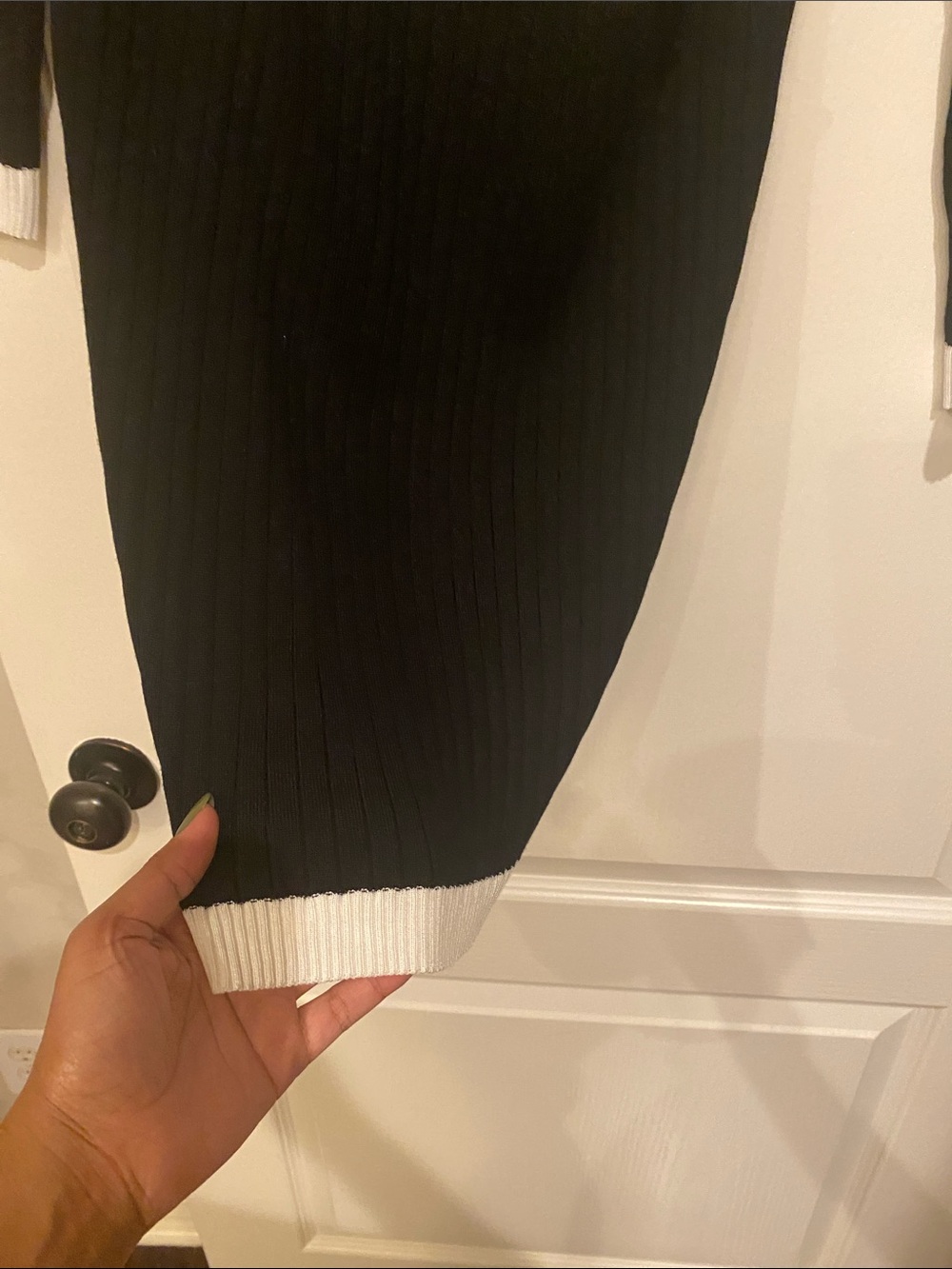 Almost Famous Black and White V-Neck Ribbed Knit Dress with Gold Buttons - Picture 4 of 6